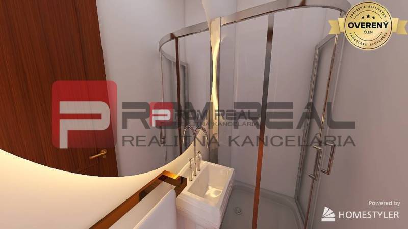 Badezimmer in einer 3-Zimmer-Wohnung mit moderner Eckdusche und Waschbecken.