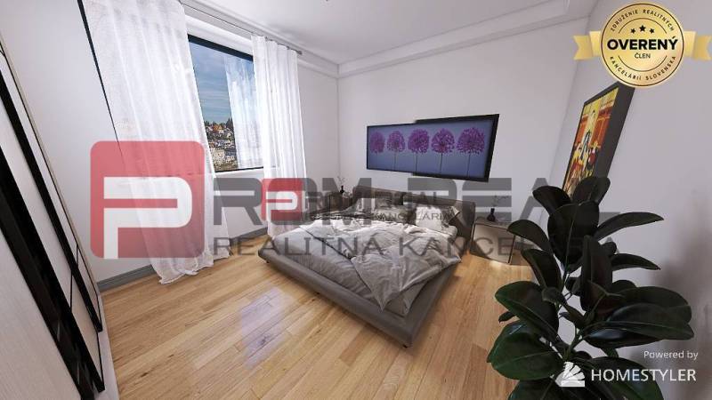 Schlafzimmer in einer 3-Zimmer-Wohnung mit großem Fenster, Pflanze und Bild an der Wand.