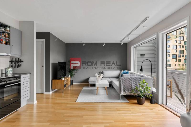 Wohnzimmer mit Küche in einer 3-Zimmer-Wohnung, mit Sofa, Küchenzeile und Blick auf die Terrasse.