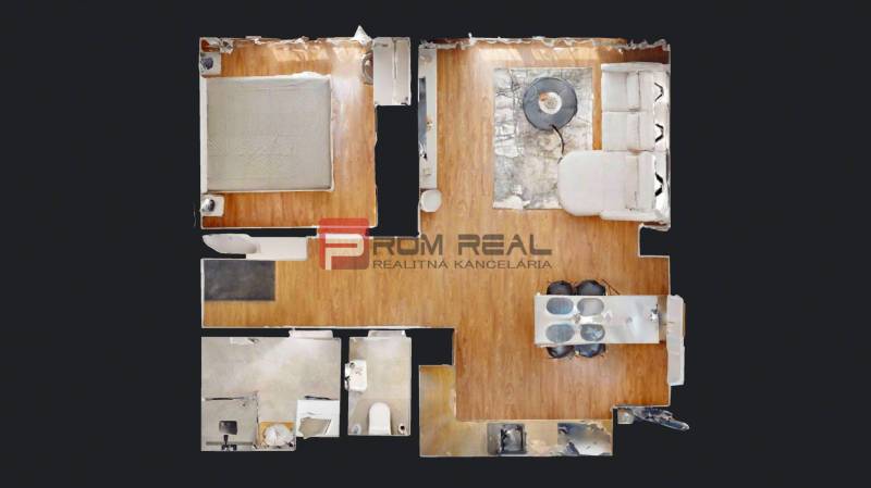 Grundriss einer 2-Zimmer-Wohnung mit Wohnzimmer, Schlafzimmer, Küche und Badezimmer.