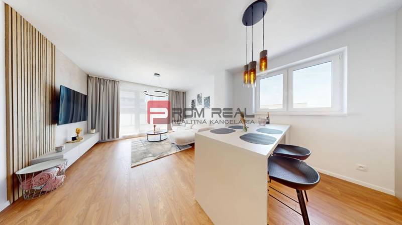 Helles Wohnzimmer mit Küche, Fernseher an der Wand, Holzboden, Bar-Sitzgelegenheit. 2-Zimmer-Wohnung.