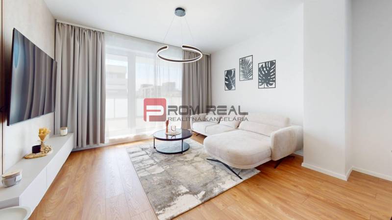 Helles Wohnzimmer mit Sofa und Fernseher in einer 2-Zimmer-Wohnung, Holzboden, Dekorationen an den Wänden.