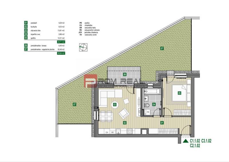 Grundriss einer 2-Zimmer-Wohnung mit Terrasse und Garten in der Pezinok-Straße. Die Wohnung umfasst einen Flur, eine Küche, ein Wohnzimmer, ein Badezimmer und ein Schlafzimmer.