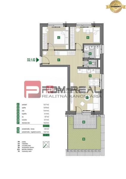 Grundriss einer 3-Zimmer-Wohnung in der Limbašská-Straße enthält Flur, Küche, Badezimmer, Terrasse.