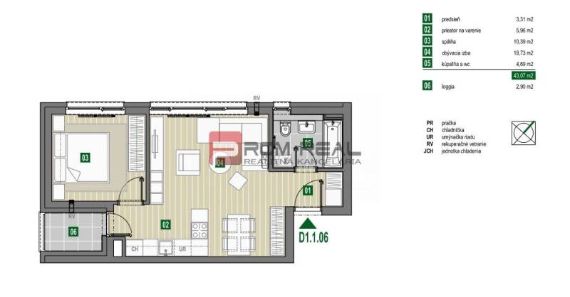 Grundriss einer 2-Zimmer-Wohnung mit Loggia, enthält ein Schlafzimmer, ein Wohnzimmer und ein Badezimmer.