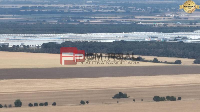 Landschaft mit landwirtschaftlichen Flächen bei der Senecká-Straße, entfernte Industriegebäude.