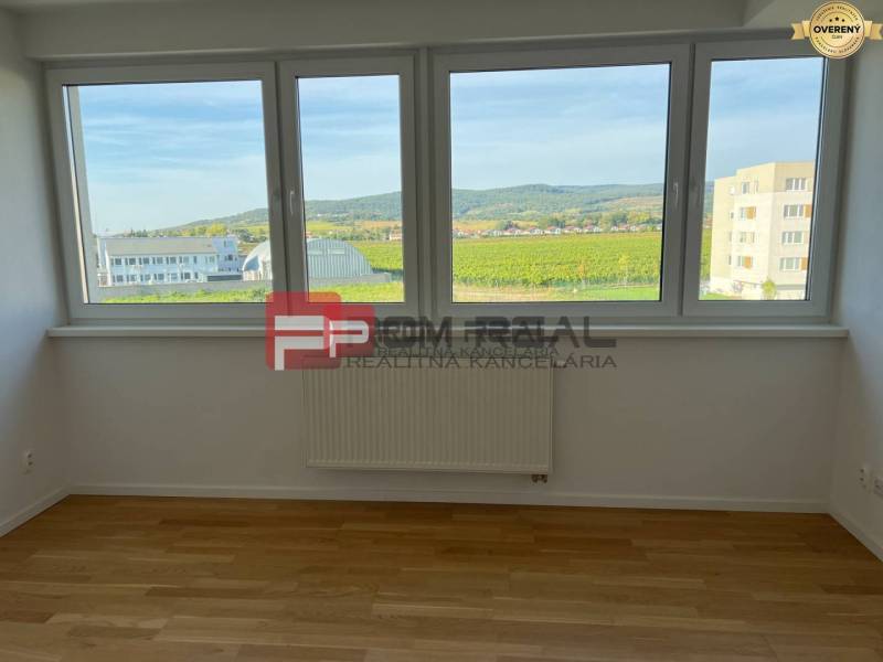 Ein Zimmer mit hellem Holzboden und Aussicht in einer 4-Zimmer-Wohnung.