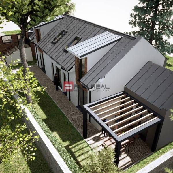 Visualisierung eines Hauses mit modernem Dach und Pergola in der Holubyho-Straße in Pezinok.