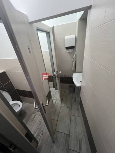 Toilette in Geschäftsräumen mit Waschbecken und Papierhandtuchspender.