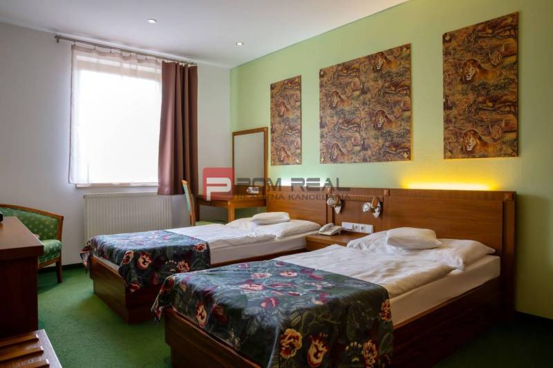 Ein Hotelzimmer mit zwei Betten, Bildern von einem Löwen und Holzmöbeln.