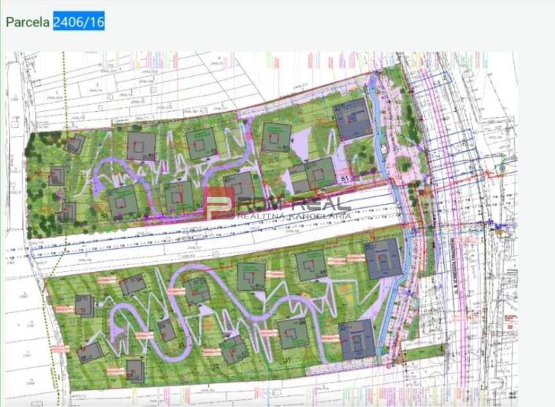 Straßenplan mit Gärten, Häusern und Parkplätzen, vorgesehen für Bauzwecke.