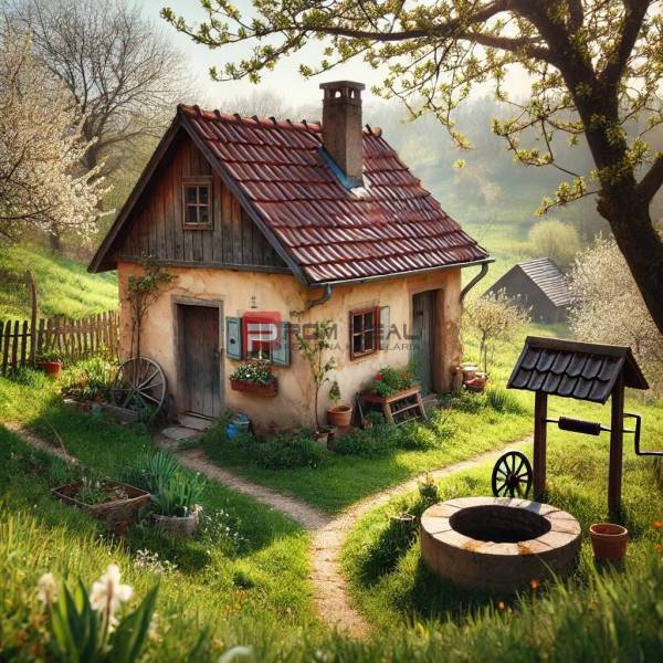 Ein zauberhaftes Familienhaus in der Natur, umgeben von Blumen, Obstbäumen und einem traditionellen Brunnen.
