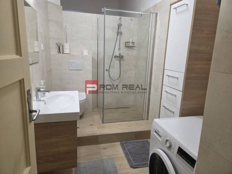 Badezimmer mit Dusche und Waschmaschine in einer 2-Zimmer-Wohnung.