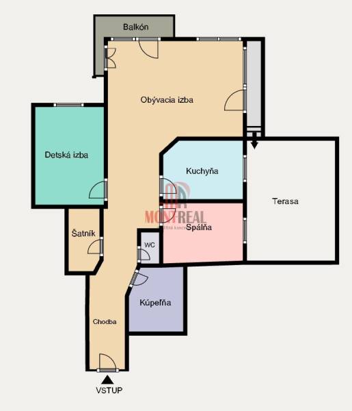 Grundriss einer 3-Zimmer-Wohnung mit Terrasse und Balkon, umfasst ein Wohnzimmer und eine Küche.