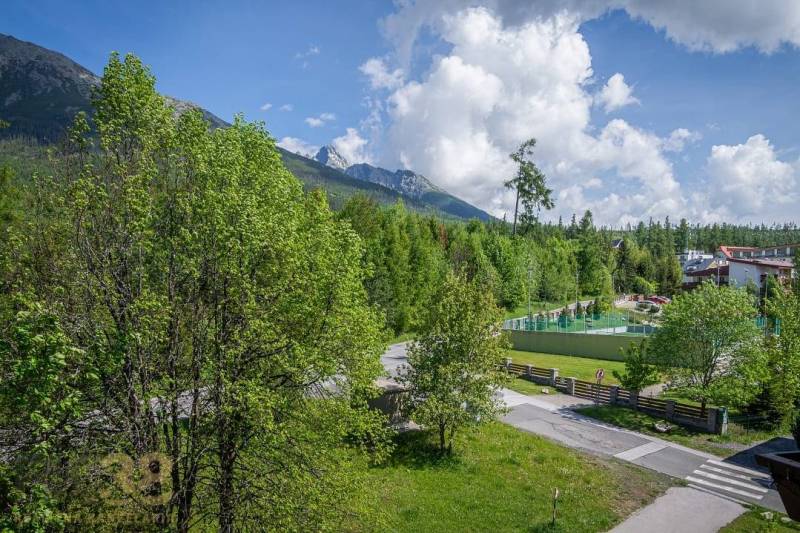 Der Blick aus der Ferienwohnung in der Hohen Tatra umfasst Grünflächen und Berglandschaften.