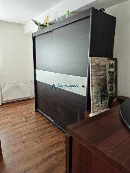 Schrank mit Schiebetüren und Dekorationen, Holzboden in einer 2-Zimmer-Wohnung.