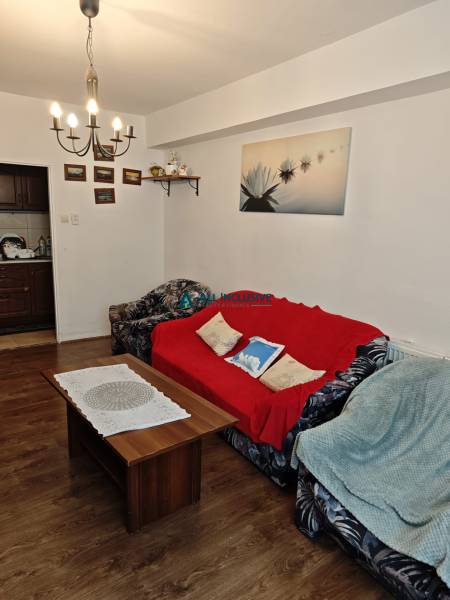 Wohnzimmer in einer Zweizimmerwohnung mit Sofas, Couchtisch und Wanddekorationen.