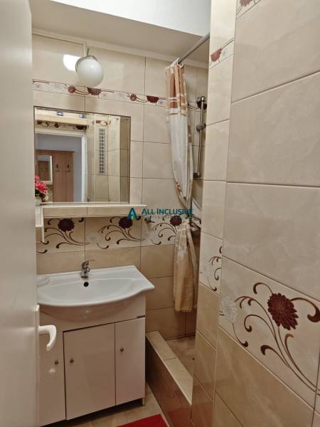 Badezimmer in einer 2-Zimmer-Wohnung mit Waschbecken, Spiegel und Duschkabine.