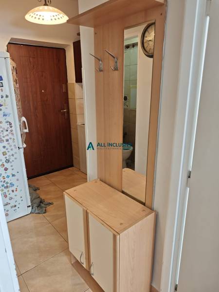 Eingangshalle in einer Zweizimmerwohnung mit einem Holzkleiderschrank und einem Spiegel.
