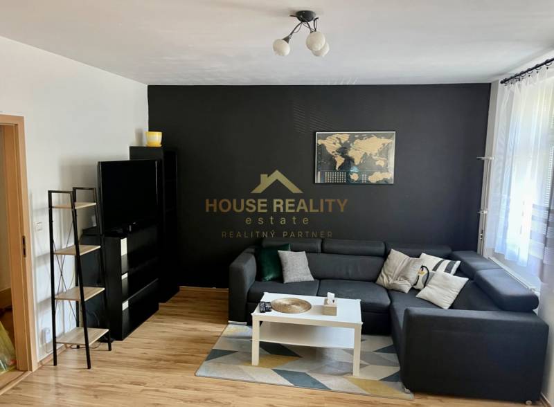 Wohnzimmer in einer 2-Zimmer-Wohnung mit Sofa, Tisch und Fernseher an der dunklen Wand.