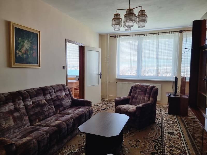 Wohnzimmer: Teppich, Sitzgarnitur, Sessel, Bild, Kronleuchter in einer 2-Zimmer-Wohnung.