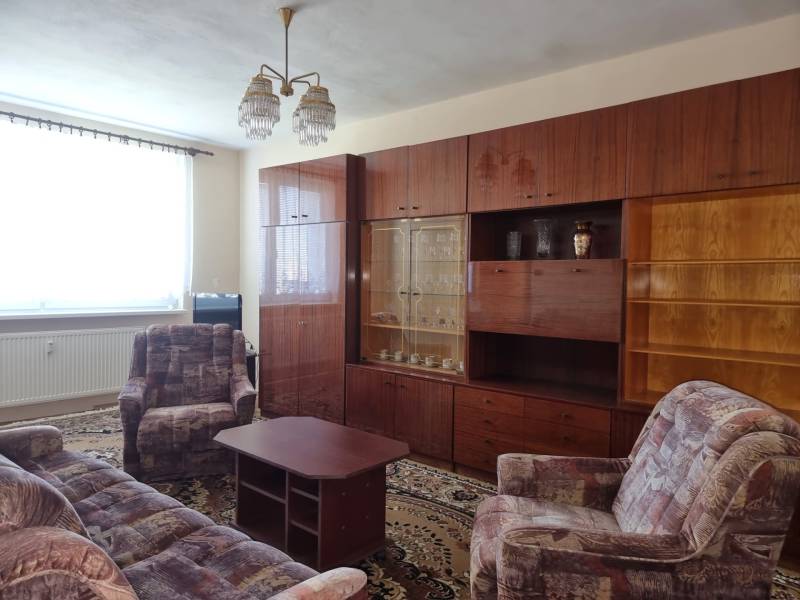 Wohnzimmer mit Retro-Möbeln und Sofa in einer 2-Zimmer-Wohnung.