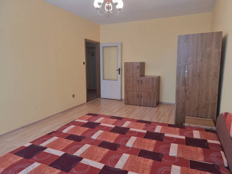 Ein Zimmer in einer 2-Zimmer-Wohnung mit Holzboden, einem Schrank und einem roten Teppich.