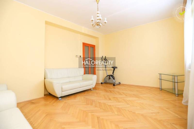 Helles Wohnzimmer in einer 3-Zimmer-Wohnung mit Sofa und Heimtrainer.