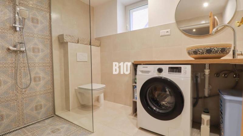Badezimmer in einem Einfamilienhaus mit Waschmaschine, Duschkabine und dekorativem Waschbecken.