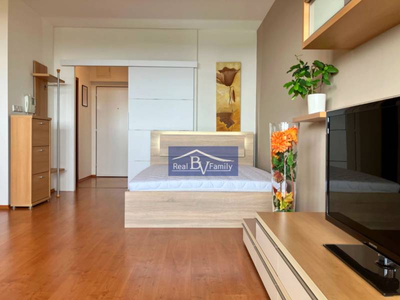 Ein Zimmer mit Holzboden, Bett und Fernseher, eine Einzimmerwohnung mit hellem Interieur.