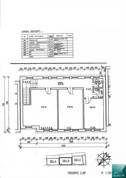 Grundriss der Büros mit Treppen und Toiletten im 2. Stock.