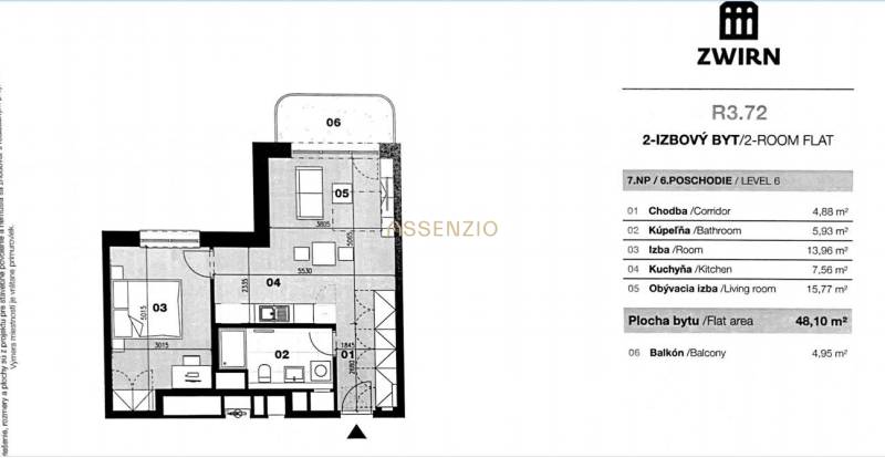 Der Grundriss zeigt eine 2-Zimmer-Wohnung mit Flur und Küche im Obergeschoss der Straße Cvernovka.