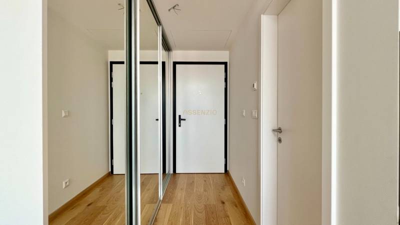 Ein heller Flur mit Holzboden und einem Spiegelschrank in einer 2-Zimmer-Wohnung.
