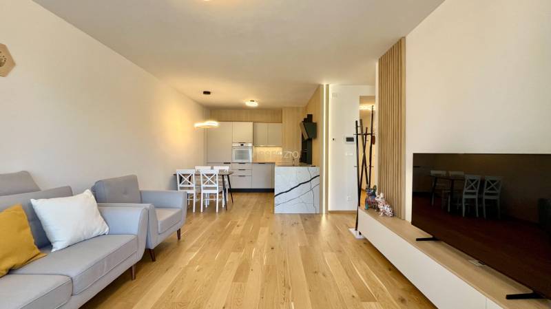 Wohnzimmer in einer 2-Zimmer-Wohnung mit Holzboden, Sofa und Fernseher.