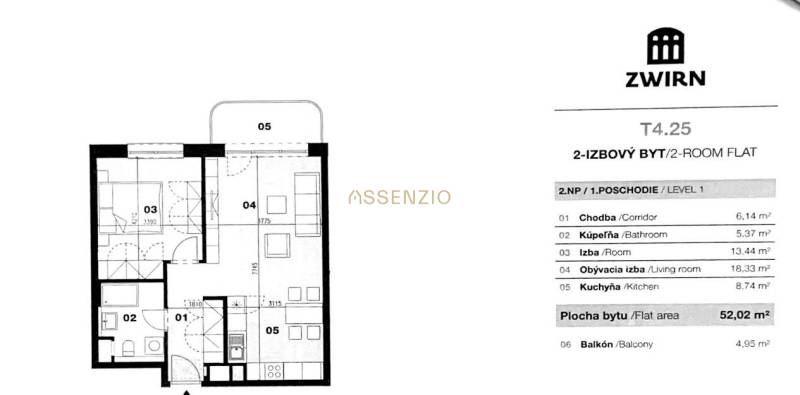 Grundriss einer 2-Zimmer-Wohnung in der Nähe der Straße Cvernovka mit einer Fläche von 52,02 m² und einem Balkon.