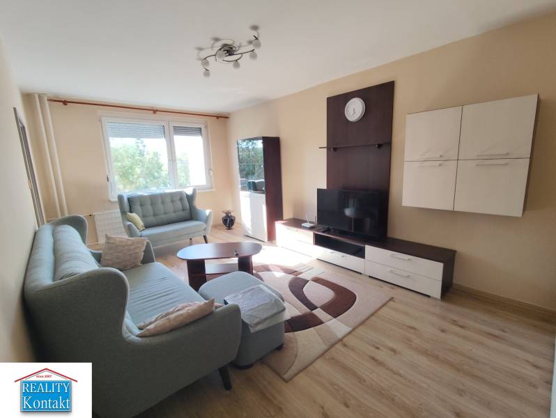 Wohnzimmer in einer 3-Zimmer-Wohnung mit Sofa, TV-Möbeln und Fenster im Hintergrund.