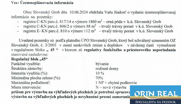 Raumplanungsinformation aus der Gemeinde Slovenský Grob für Grundstücke, die für Wohnzwecke bestimmt sind.