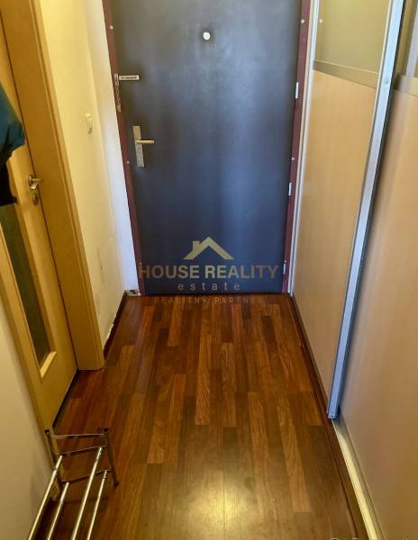 Eingangsbereich in einem Studio-Apartment mit hellbraunen Böden und dunklen Türen.