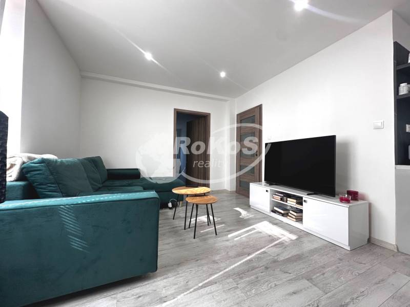 Wohnzimmer in einer 2-Zimmer-Wohnung mit Sofa, Fernseher, Tisch und minimalistischem Interieur.