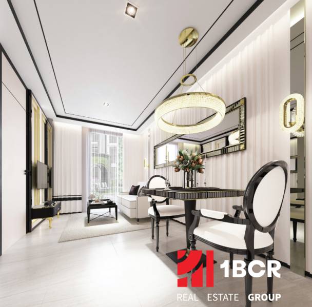 Luxuriöse 2-Zimmer-Wohnung mit eleganten Schwarz-Weiß-Akzenten und stilvoller Beleuchtung.