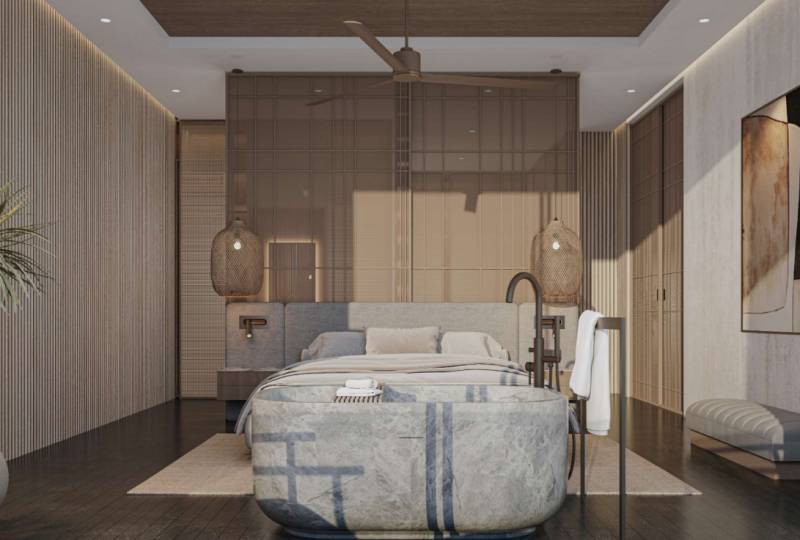 Ein luxuriöses Schlafzimmer in einem Einfamilienhaus mit Designerleuchten, Holzelementen und einem bequemen Bett.