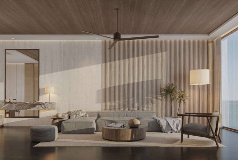 Ein stilvolles Wohnzimmer mit minimalistischen Möbeln und einer Holzdecke in einem Einfamilienhaus.