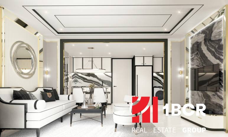 Luxuriöses Interieur einer 3-Zimmer-Wohnung mit eleganter Sitzecke und moderner Beleuchtung.