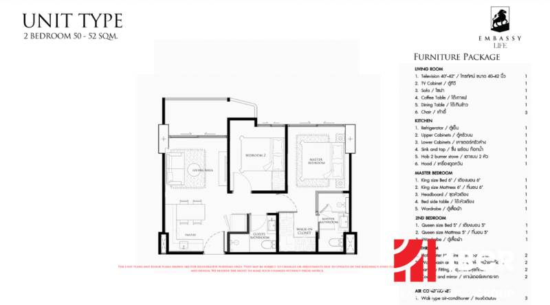 Grundriss einer 3-Zimmer-Wohnung mit Wohnzimmer und zwei Schlafzimmern, Möbelliste.