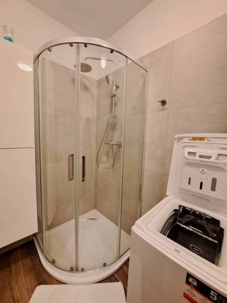 Duschkabine und Waschmaschine im Badezimmer einer Zweizimmerwohnung.
