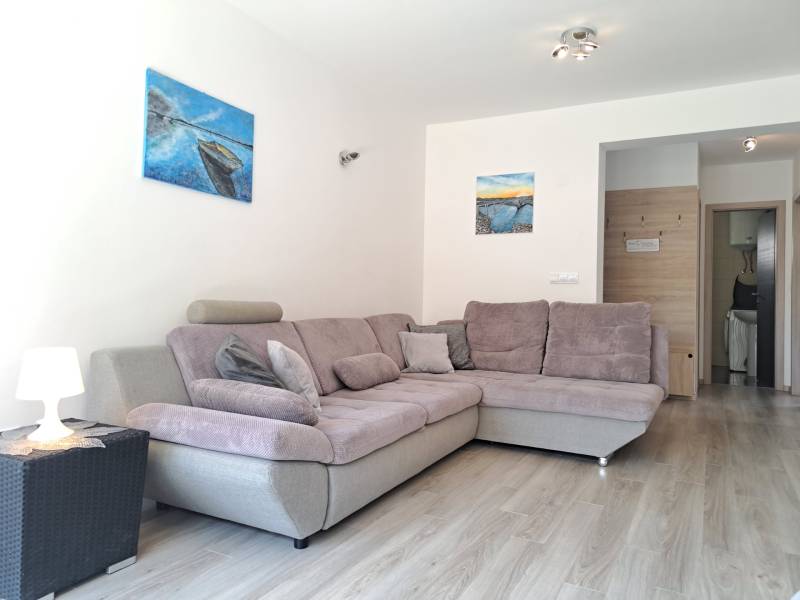 Ein 3-Zimmer-Wohnraum mit einem bequemen grauen Sofa und einem hellen Holzboden-Dekor.