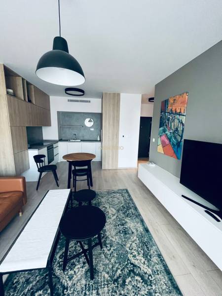 Wohnbereich einer 2-Zimmer-Wohnung mit Sofa, Tisch, Küche und Fernseher.