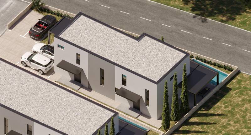 Draufsicht auf eine 4-Zimmer-Wohnung in Mandre mit Parkplatz und kleinem Pool.