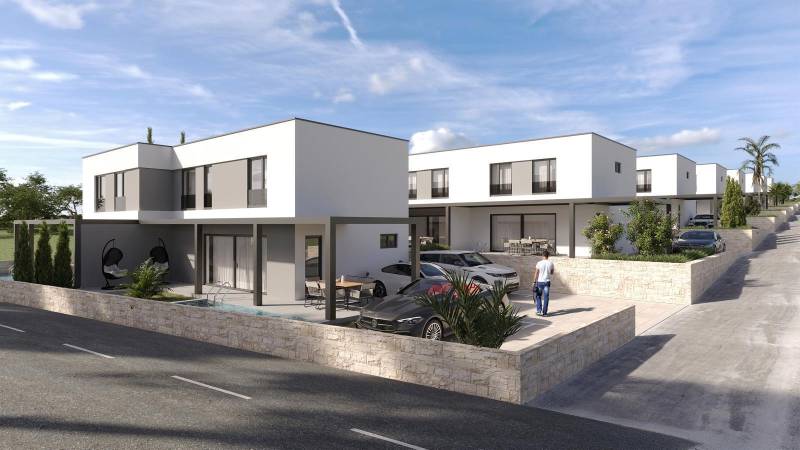 Reihenhäuser mit modernen Häusern, einem Pool und einer Zufahrtsstraße in Mandre.