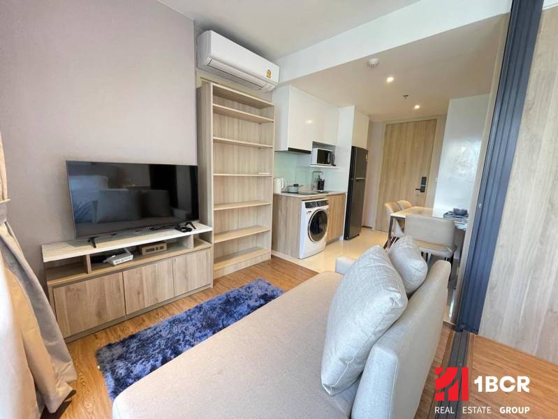 Kompakte Einrichtung einer 2-Zimmer-Wohnung mit Wohnzimmer, Küche, Sofa und Fernseher.